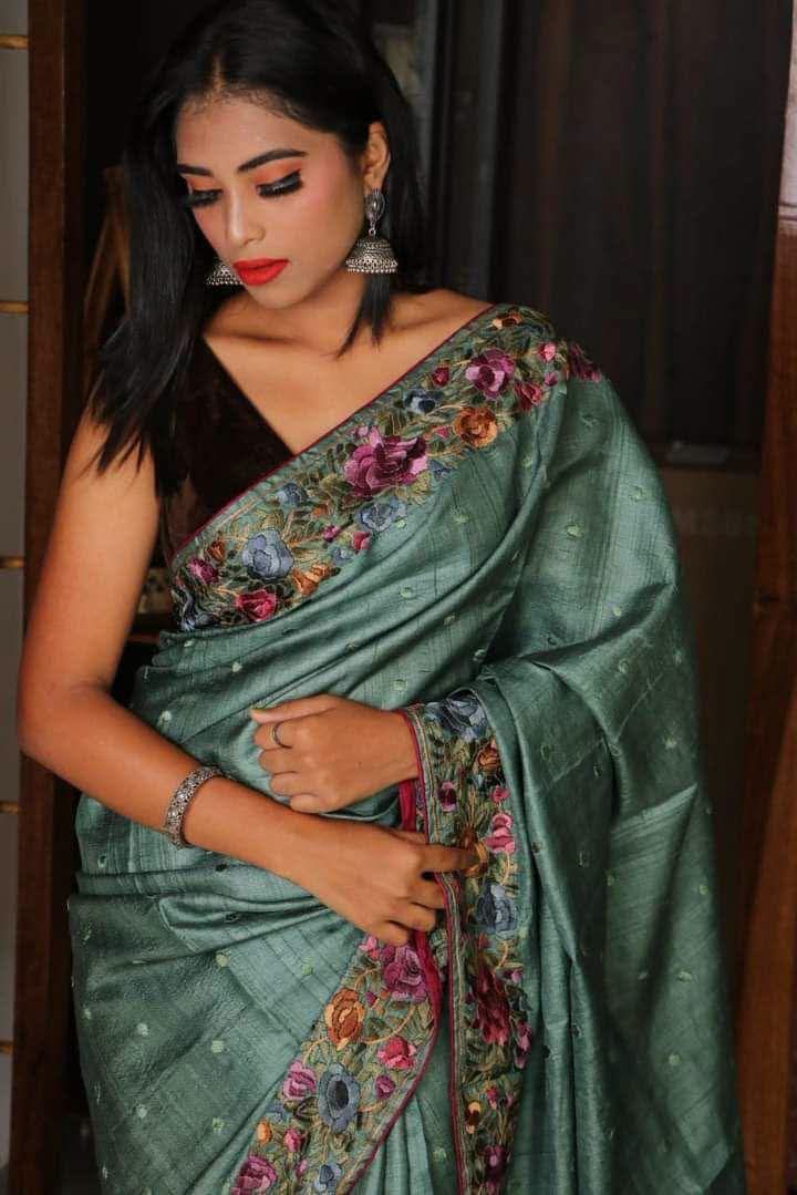 Pure Silk Floral Embroidery Saree | Desi Silk Handwork Saree