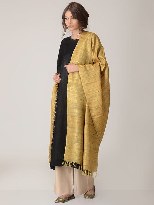 Handwoven Tussar Ghicha Silk Dupatta – Golden Yellow