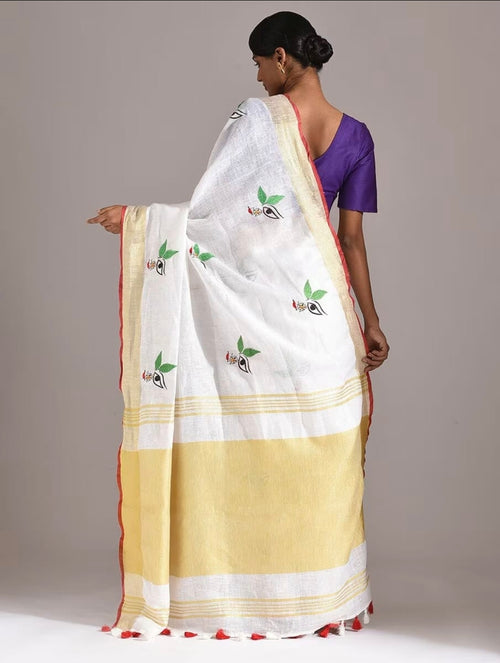 Pure Linen Digital Embroidery Saree – Warli Tribal Art | White with Red Border | 6.5 Mtrs with Blouse