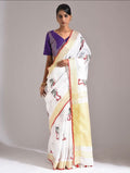Pure Linen Digital Embroidery Saree – Warli Tribal Art | White with Red Border | 6.5 Mtrs with Blouse