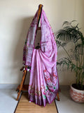 Pure Linen Digital Print Saree – Floral & Bird Print | Lavender with Purple Zari Border | 6.5 Mtrs with Blouse