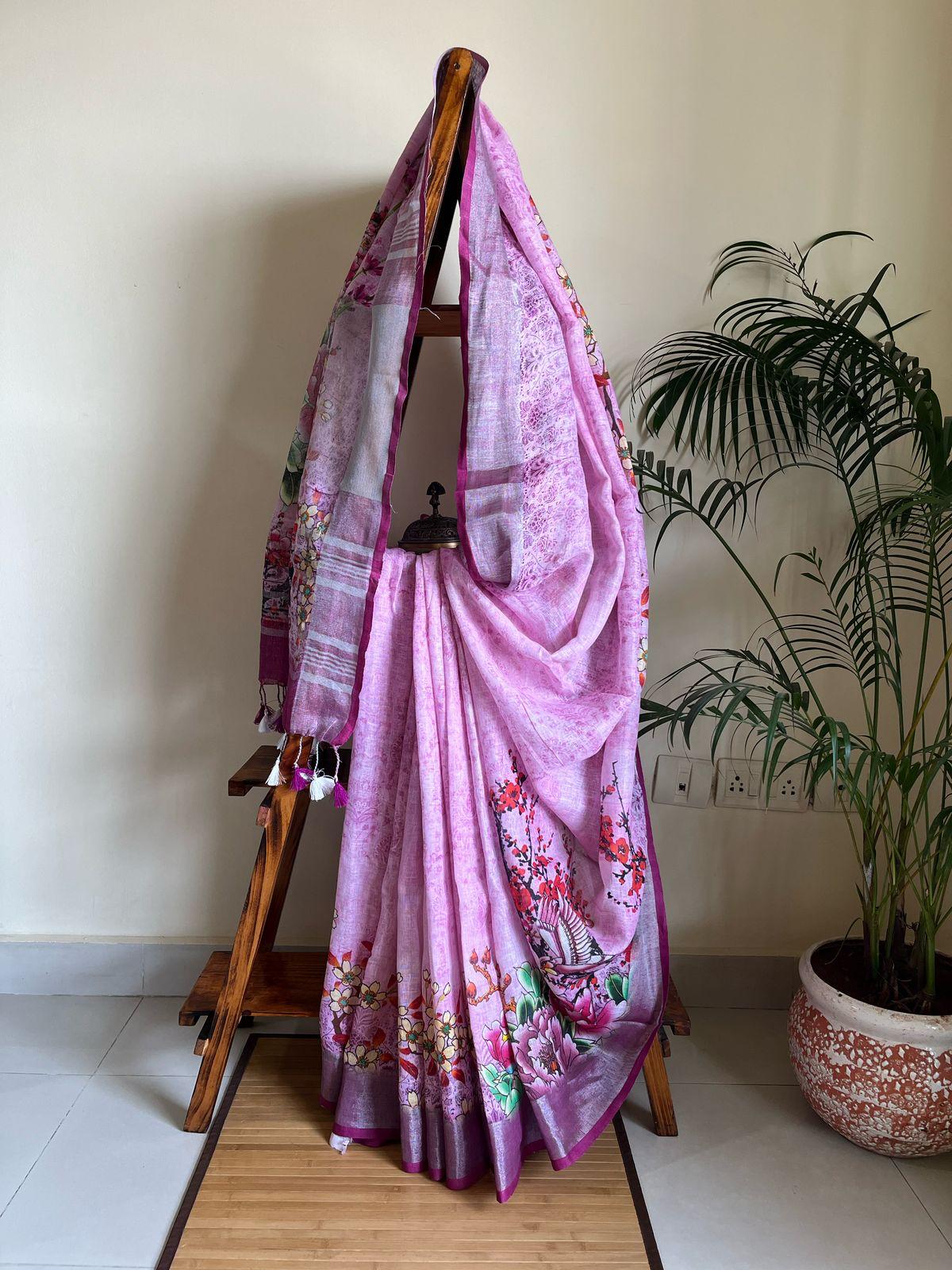 Pure Linen Digital Print Saree – Floral & Bird Print | Lavender with Purple Zari Border | 6.5 Mtrs with Blouse
