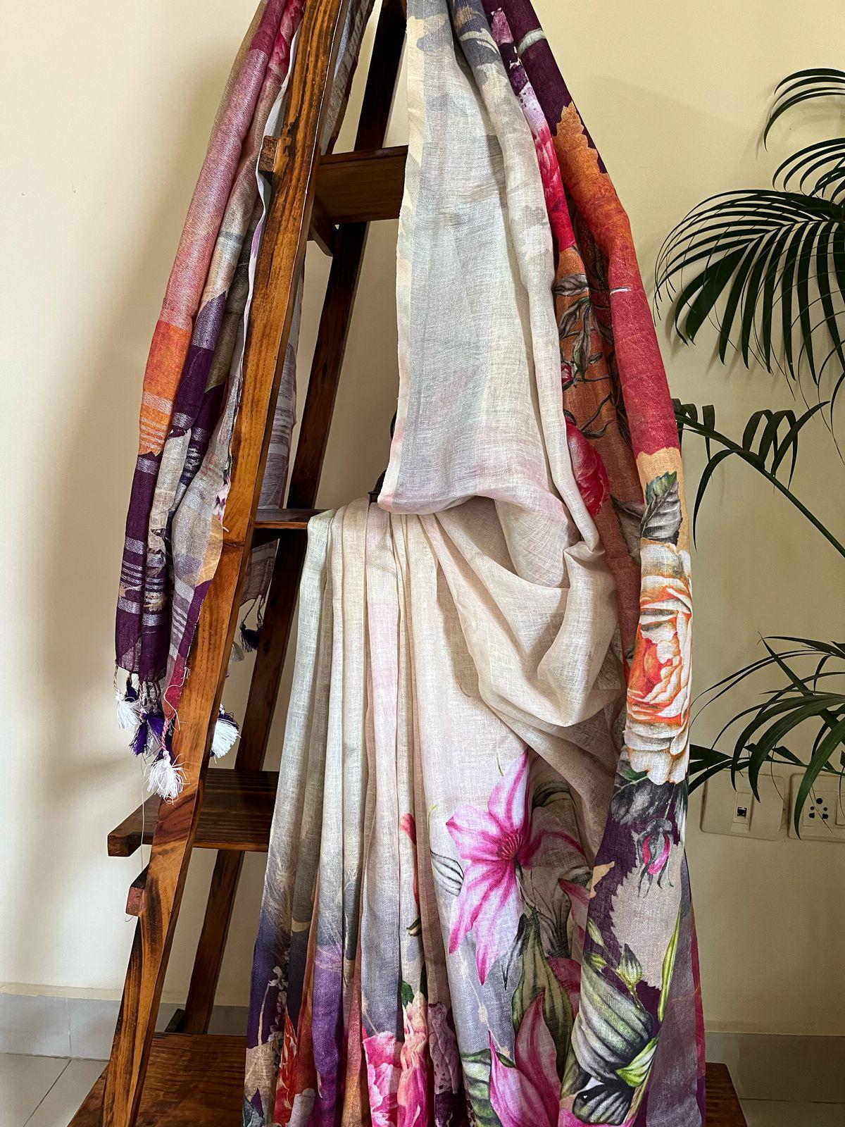 Pure Linen Digital Print Saree – Botanical Floral | Off-White | 6.5 Mtrs with Blouse