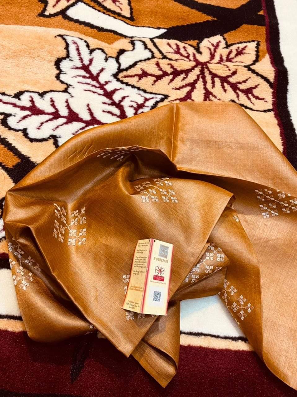 Desi Silk Embroidery Saree – Copper Bronze | Geometric Embroidery | Silk Mark Certified