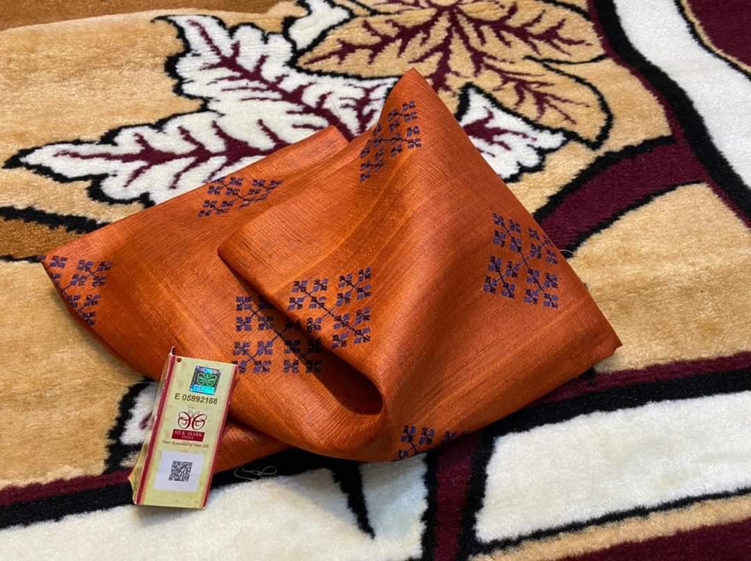 Desi Silk Embroidery Saree – Burnt Orange | Dark Embroidery | Silk Mark Certified