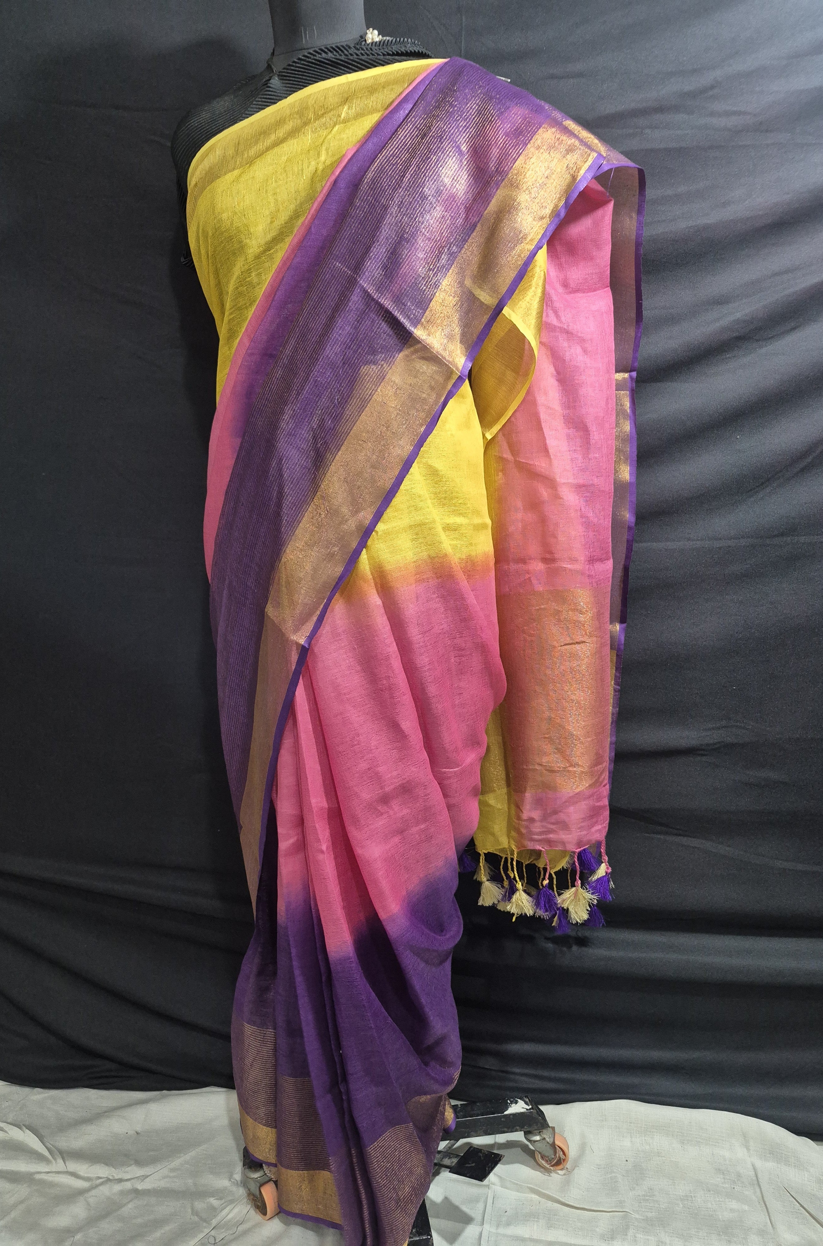 Bhagalpuri Handloom Pure Linen Saree in Multicolour Tricolour with Gold Zari Border and Decorative Tassels
