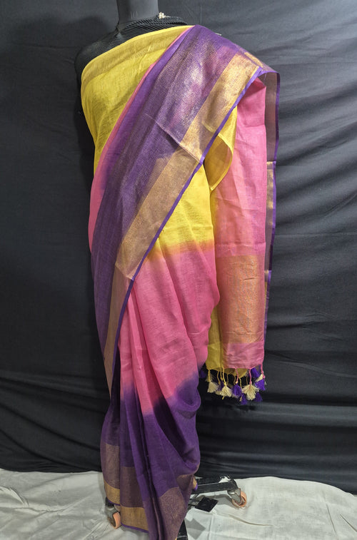 Bhagalpuri Handloom Pure Linen Saree in Multicolour Tricolour with Gold Zari Border and Decorative Tassels