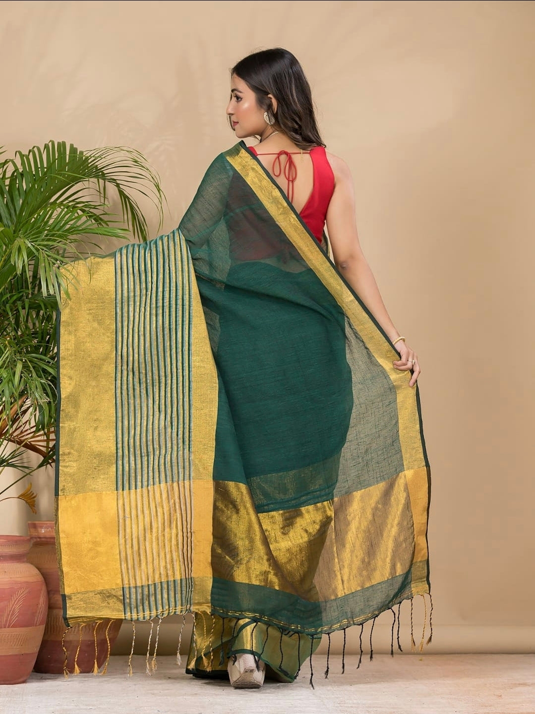 Handwoven Pure Linen Saree with Golden Zari Border | Bottle Green