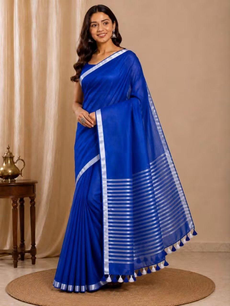 Handwoven Pure Linen Saree| Purple Silver Zari Border