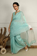 Handwoven Pure Linen Saree with Silver Zari Border & Tassels