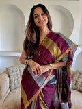 Handwoven Pure Linen Saree with Copper Zari Border | Maroon Multi-Stripe