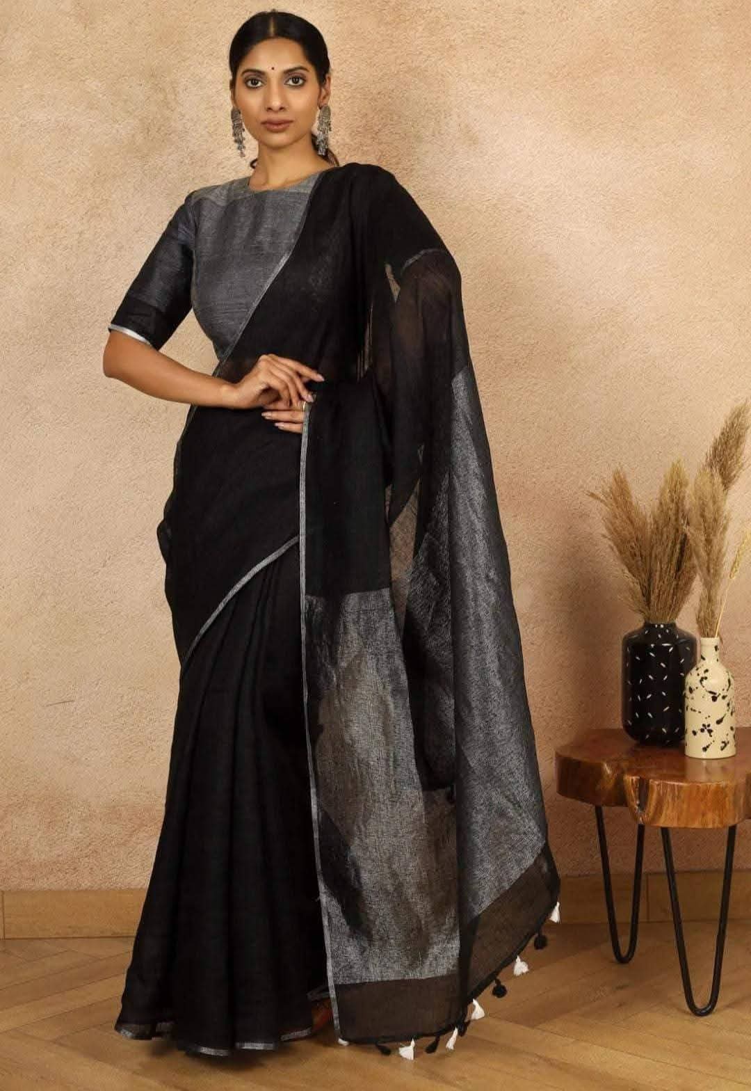 Handwoven Pure Linen Saree with Silver Zari Border & Woven Pallu