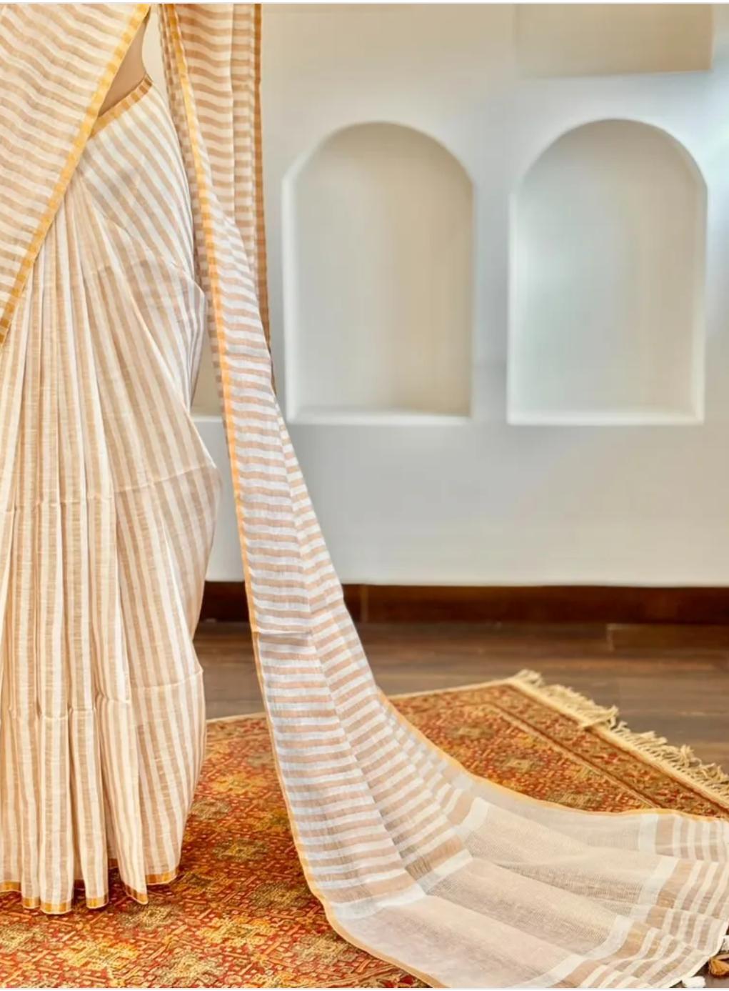 Pure Handloom Linen Saree | White & Beige Stripes with Gold Zari Border