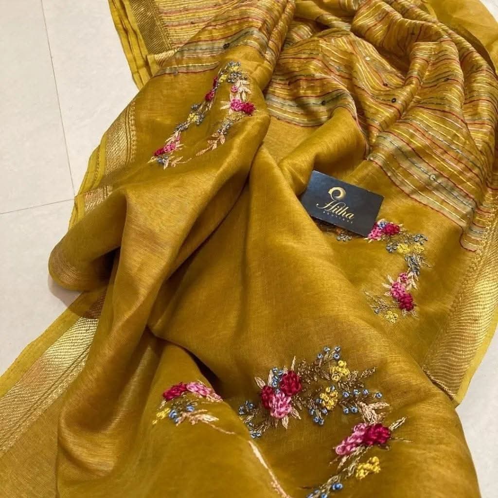 Handwoven Kota Silk Linen Saree with Floral Embroidery & Golden Zari Border