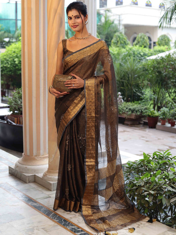 Handwoven Tissue Linen Copper Zari Border Handwork Embroidery Saree