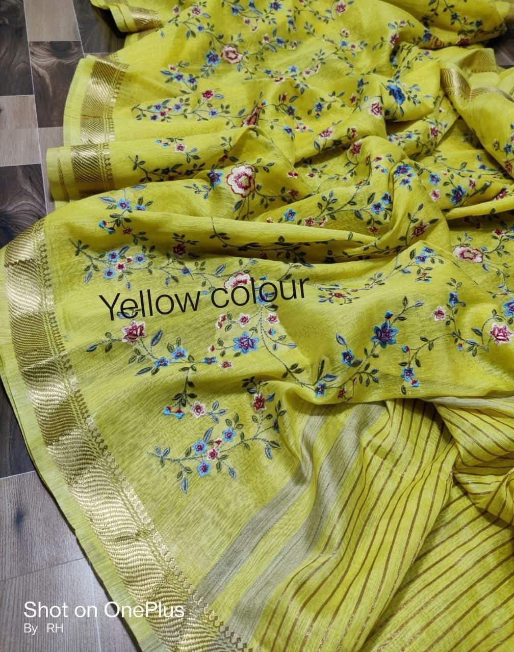 Kota Silk Linen Embroidery Saree with Zari Border | Floral Embroidered