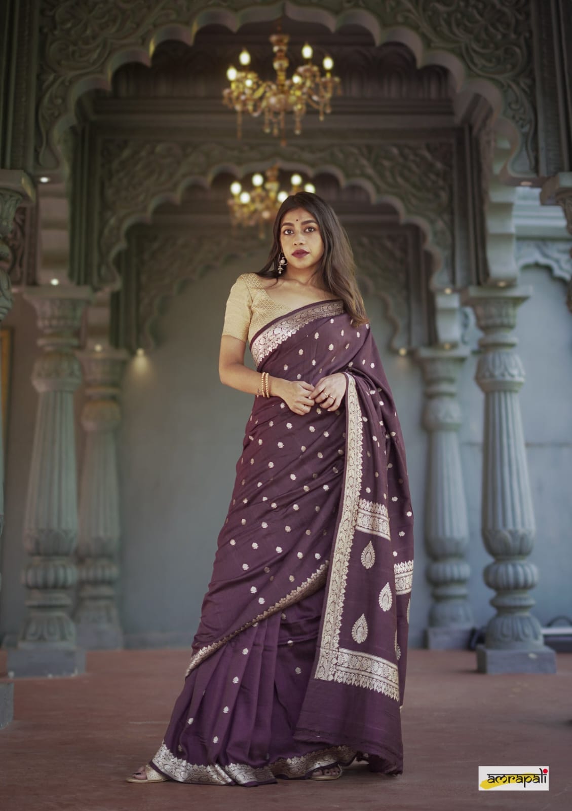 Handwoven Banarasi Silk Saree with Golden Zari Buti & Border