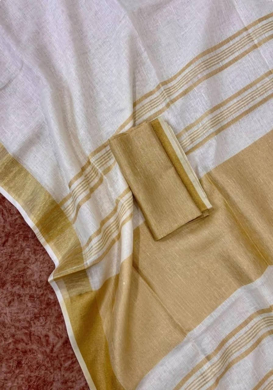 Handwoven Pure Linen Saree with Golden Zari Border