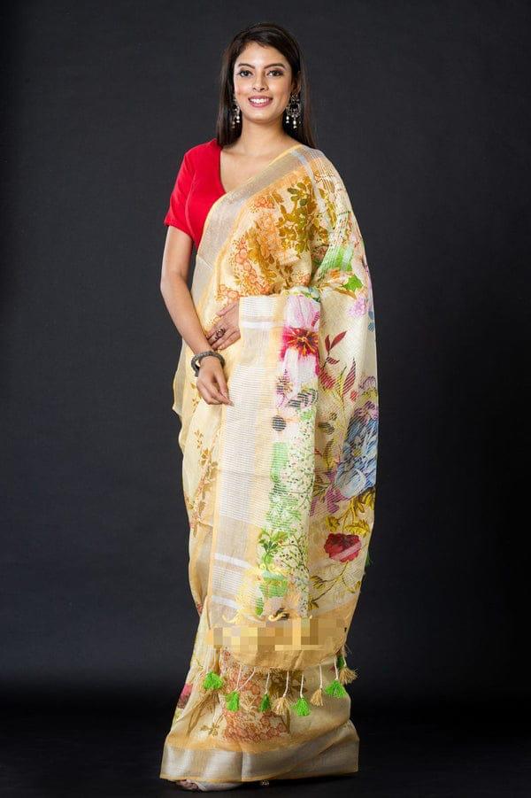 Bhagalpur Handwoven Pure Linen Digital Print Saree with Silver Zari Border