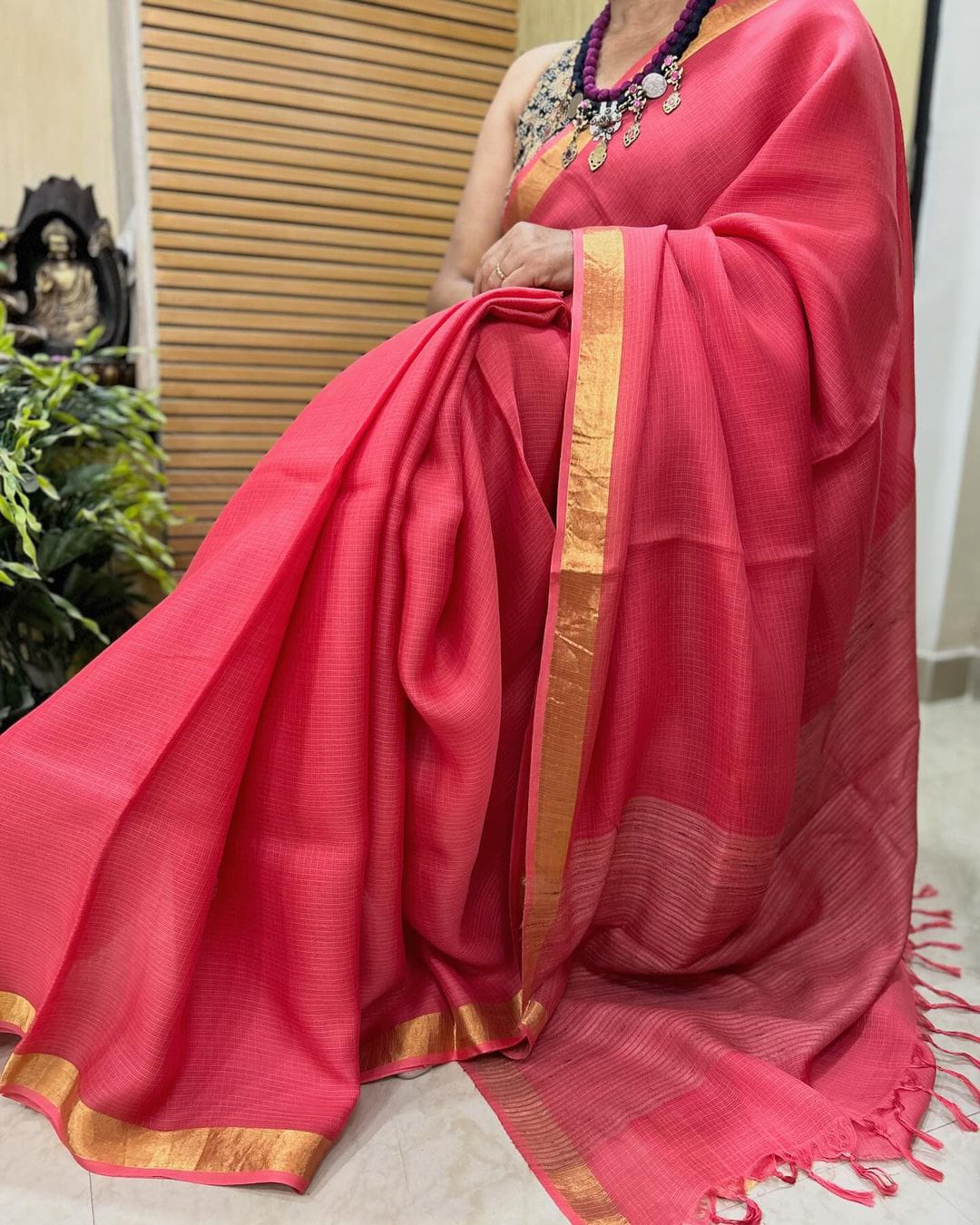 Handwoven Kota Silk Cotton Saree with Golden Zari Border