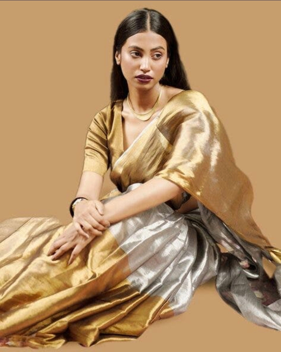 Handwoven Tissue Silk Saree | Silver Grey with Golden