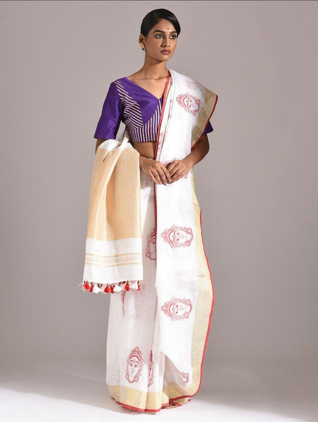 White Pure Linen Handloom Saree with Durga Embroidery & Zari Border