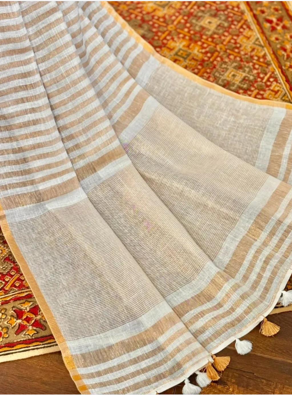 Pure Handloom Linen Saree | White & Beige Stripes with Gold Zari Border