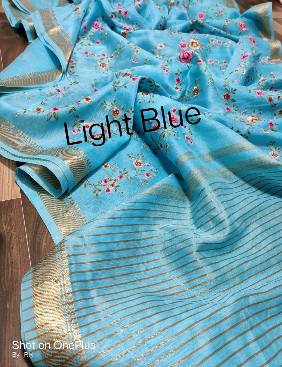 Kota Silk Linen Embroidery Saree with Zari Border | Floral Embroidered