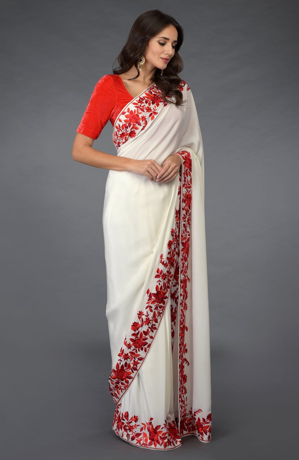 Desi Silk Saree with Red Floral Embroidery Handloom Sarees