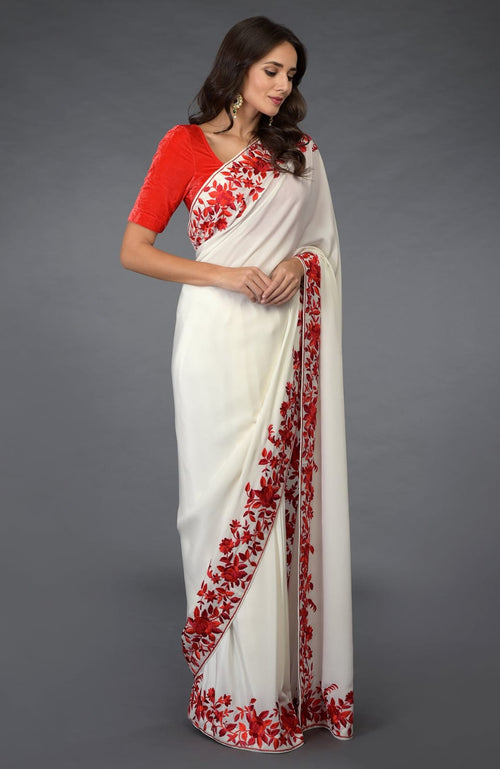 Desi Silk Saree with Red Floral Embroidery Handloom Sarees