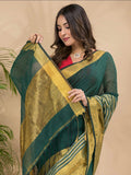 Handwoven Pure Linen Saree with Golden Zari Border | Bottle Green