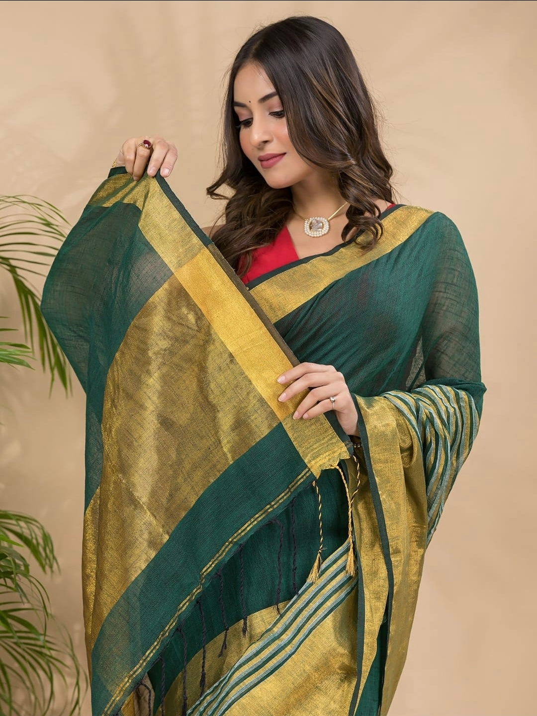 Handwoven Pure Linen Saree with Golden Zari Border | Bottle Green