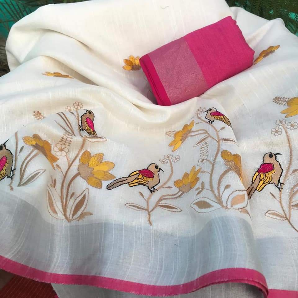 Bhagalpur Handwoven Pure Linen Saree with Silver Zari Border & Bird Embroidery