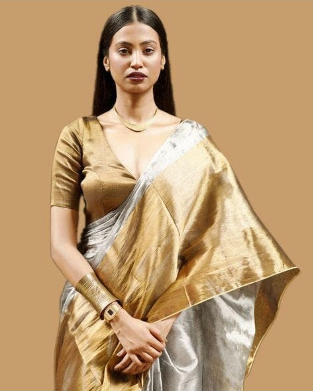 Handwoven Silver & Gold Zari Saree – Silver by Golden Half Wave Design