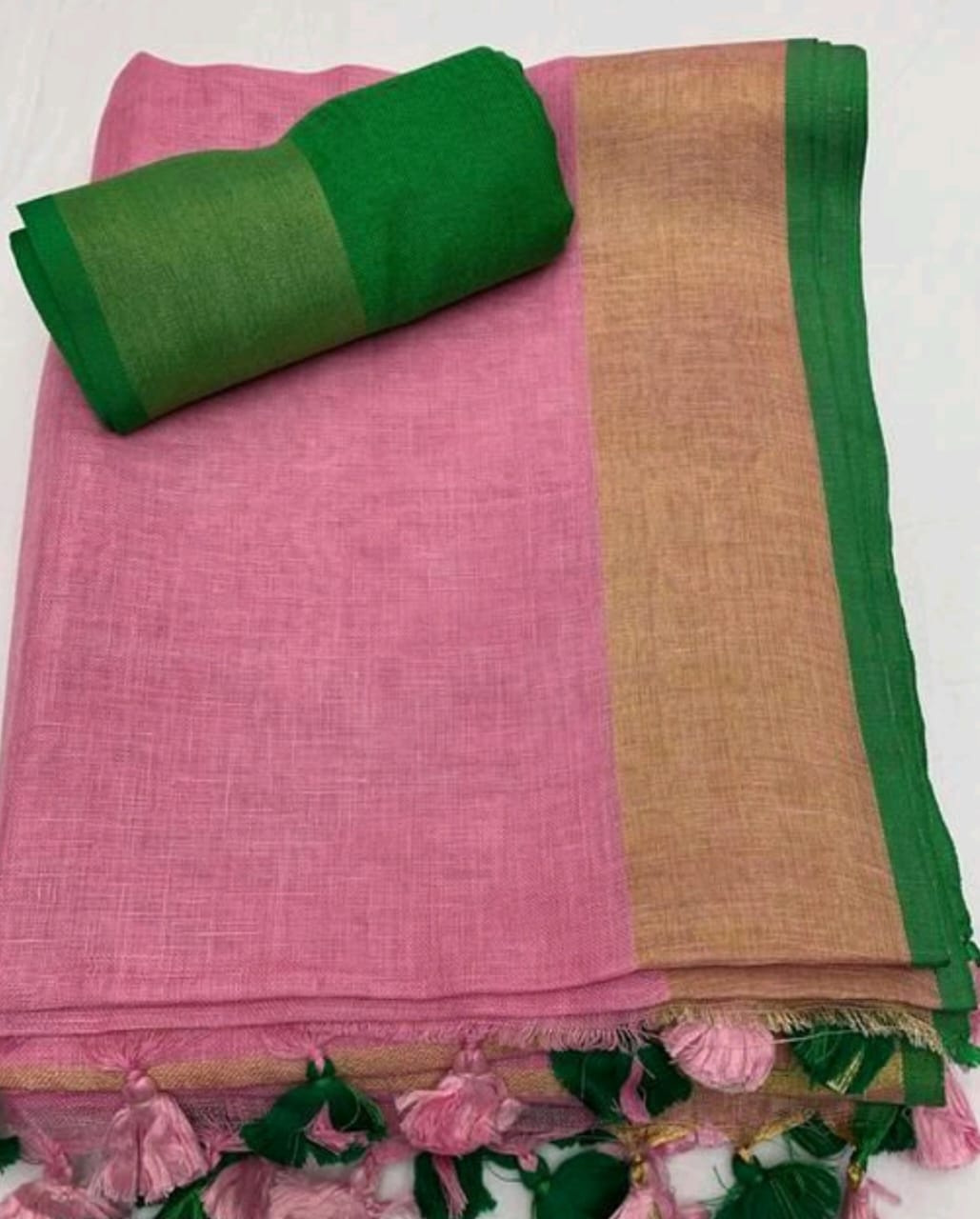 Handwoven Pure Linen Saree with Golden Zari Border