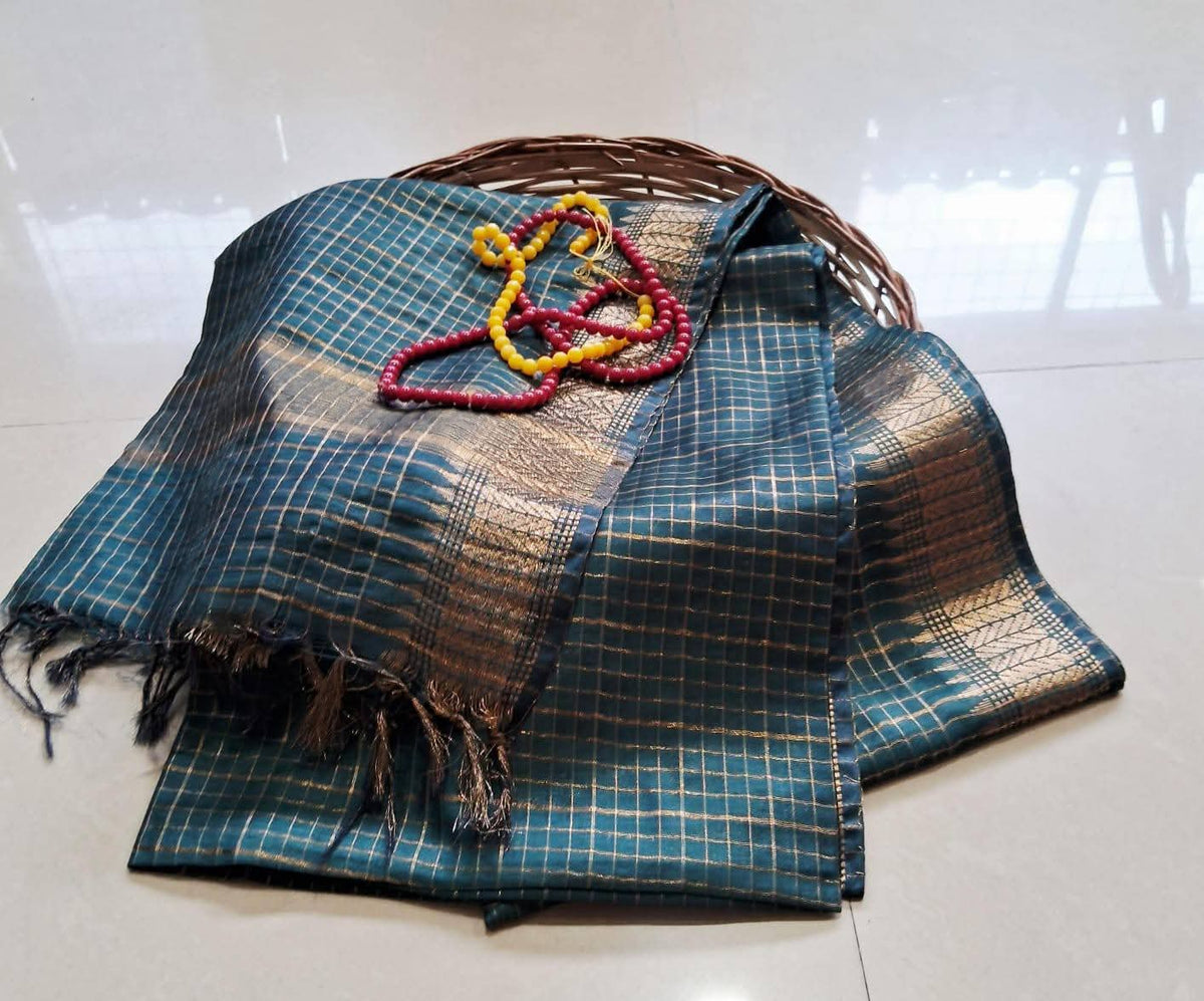 Handwoven Kota Silk Cotton Saree with Copper Zari Mini Check Border