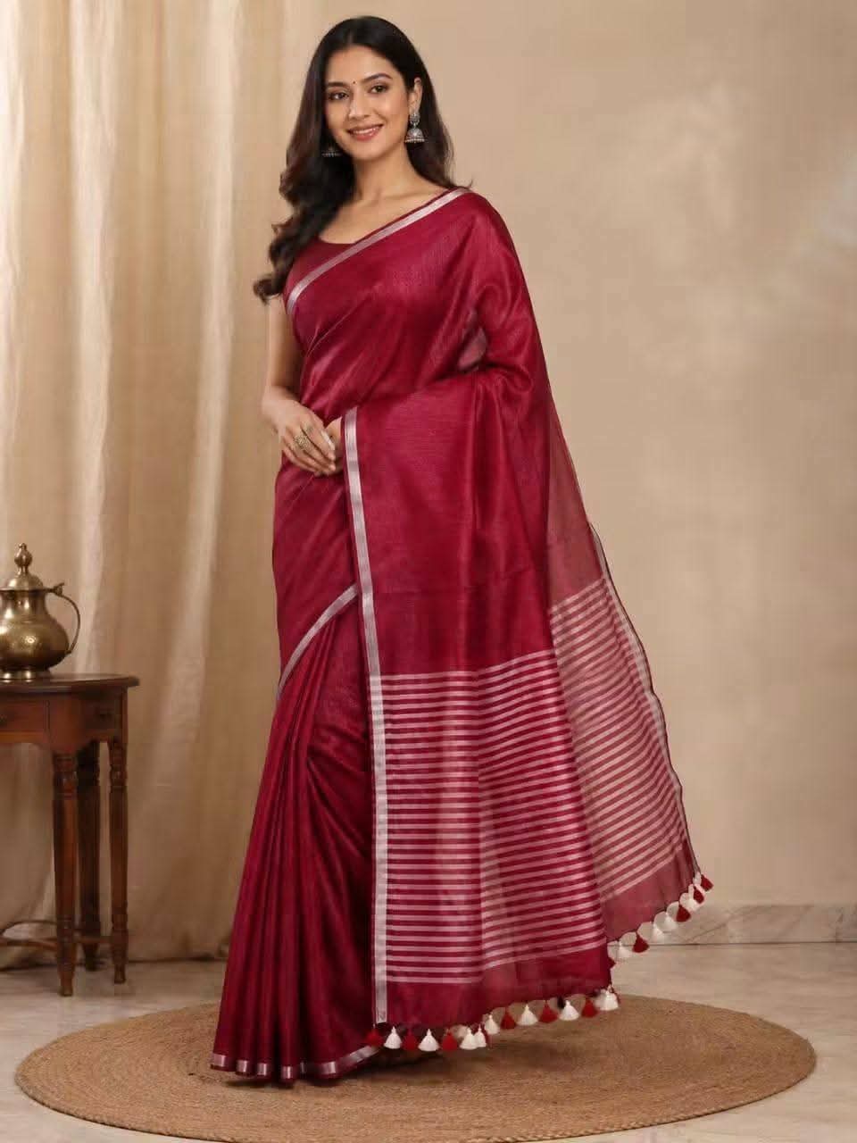Handwoven Pure Linen Saree| Purple Silver Zari Border