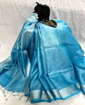 Sky Blue Tissue Linen Saree with Silver Zari Border