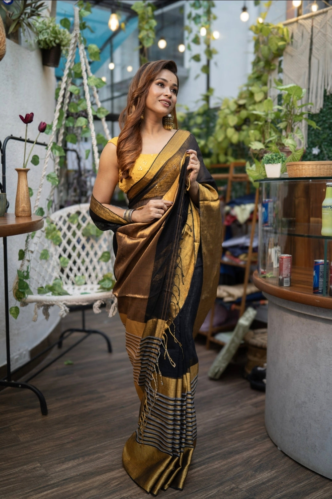 Handwoven Pure Linen Saree/Black & Gold Copper Zari Border