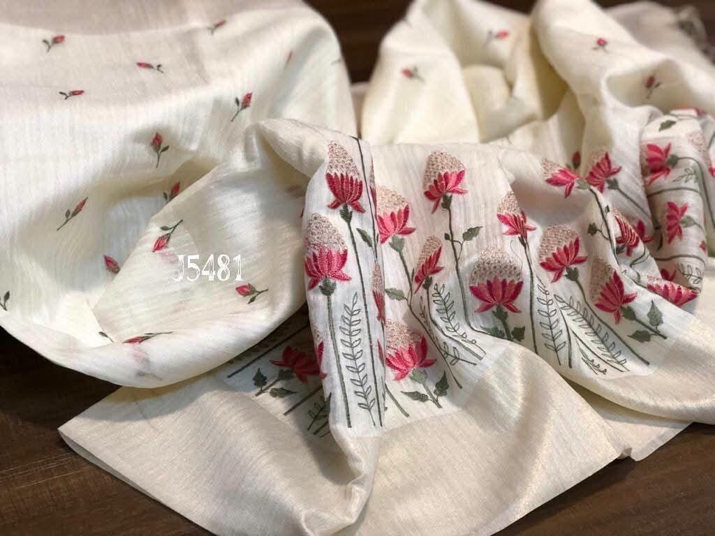 Silk Cotton Embroidery Saree – Lotus Floral Embroidery with Zari Border