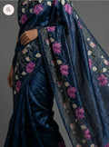 Handwoven Desi Silk Saree | Navy Blue Pink Lotus Floral Embroidery