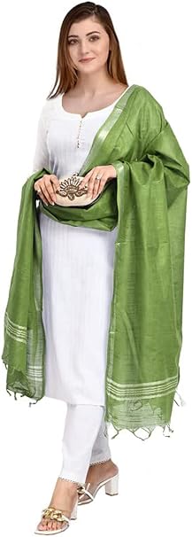 Handloom Linen Dupatta with Silver Zari Border ,Olive Green