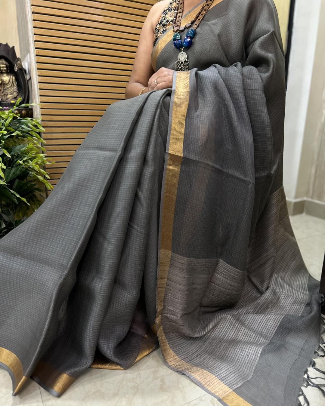 Handwoven Kota Silk Cotton Saree with Golden Zari Border