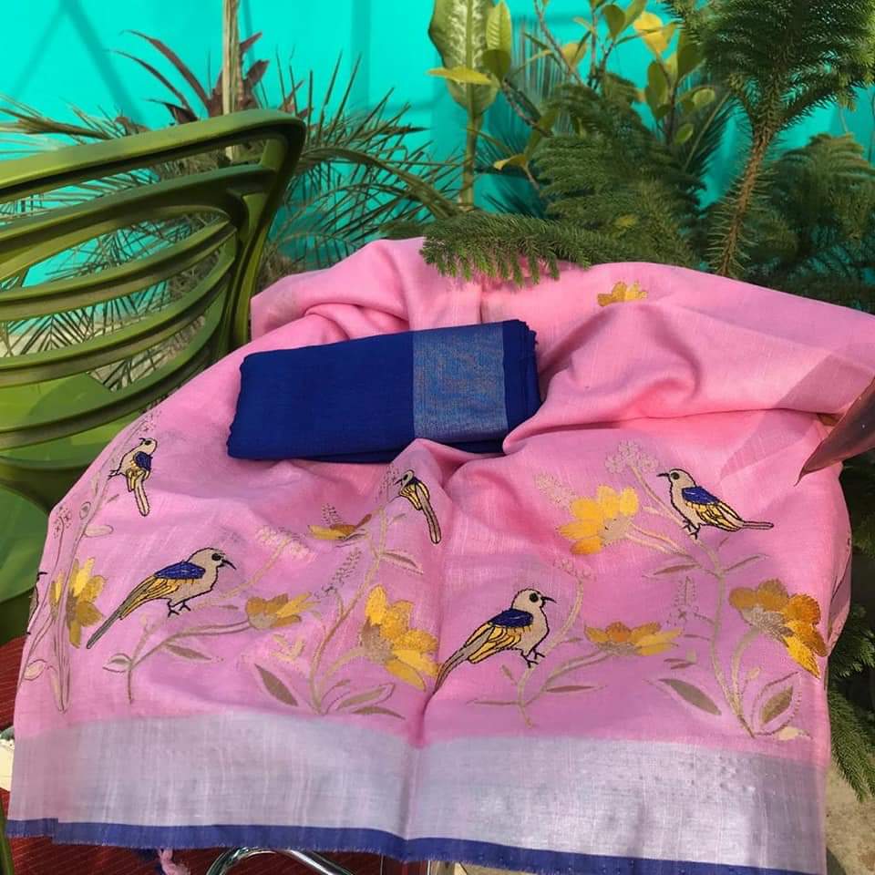 Bhagalpur Handwoven Pure Linen Saree with Silver Zari Border & Bird Embroidery