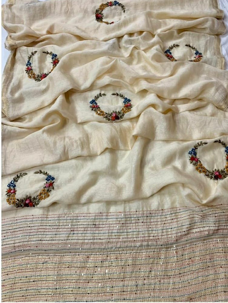 Handwoven kota Silk Linen Handwork Embroidery Saree with Golden Zari Border