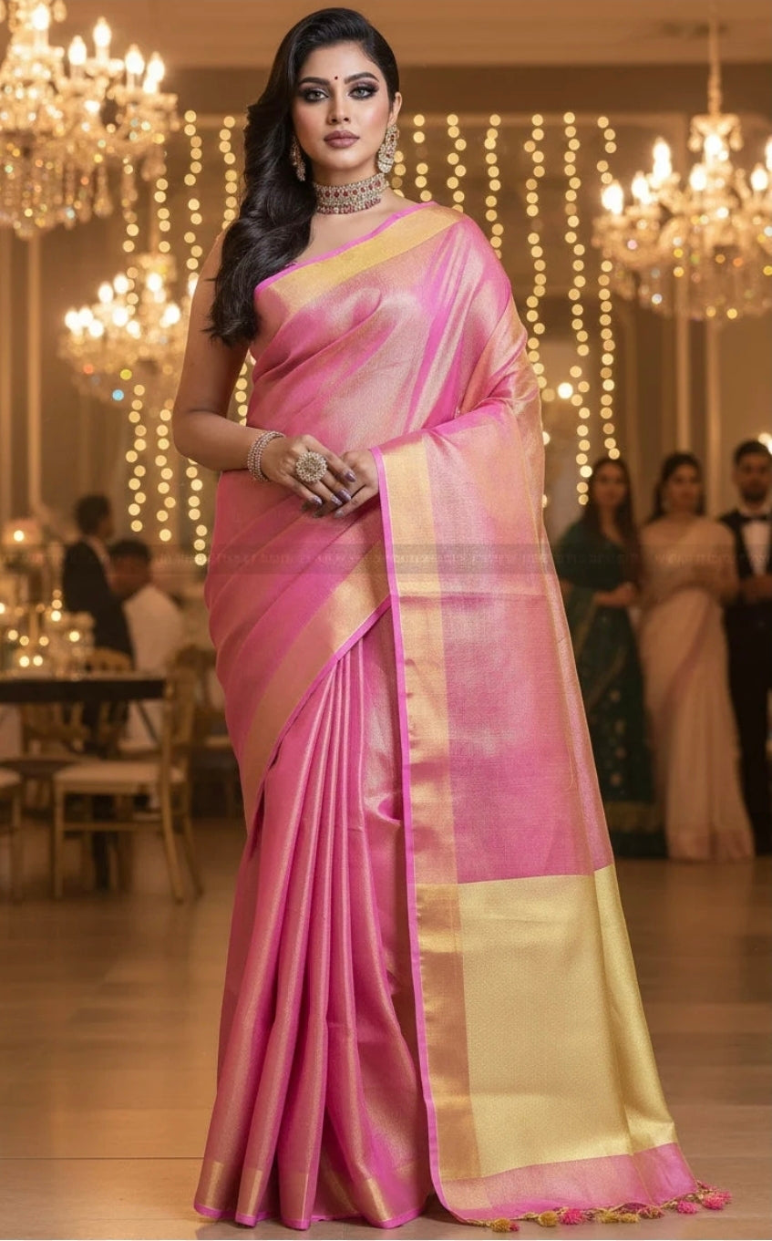 Handwoven Tissue Linen Saree with Golden Zari Border
