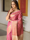 Handwoven Tissue Linen Saree with Golden Zari Temple & Mirror Work