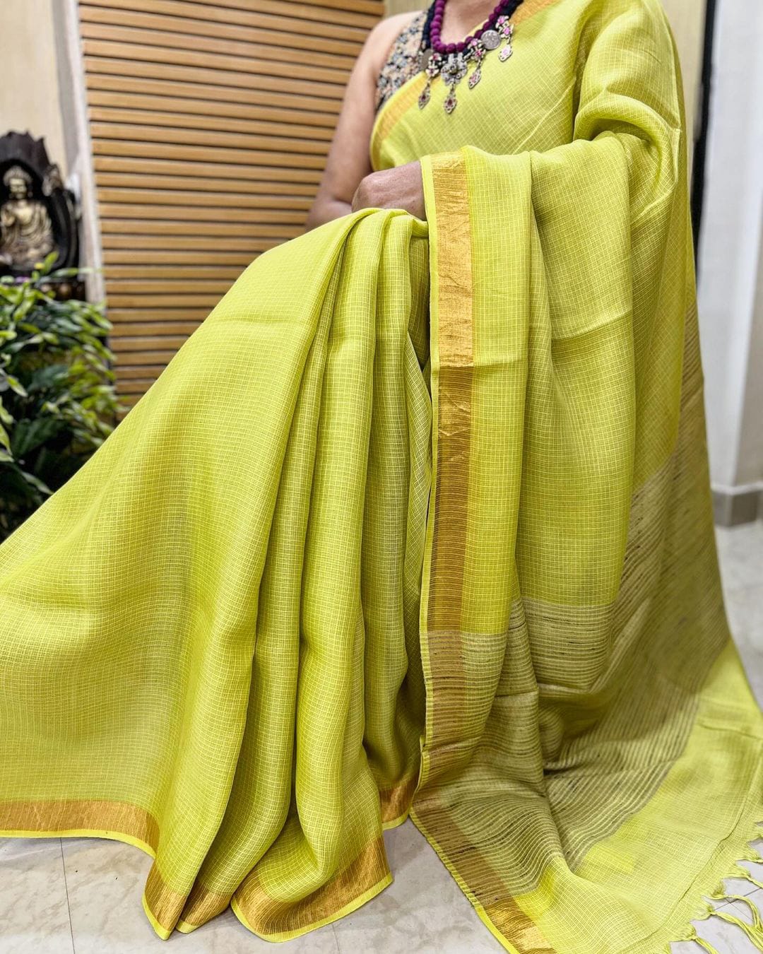 Handwoven Kota Silk Cotton Saree with Golden Zari Border