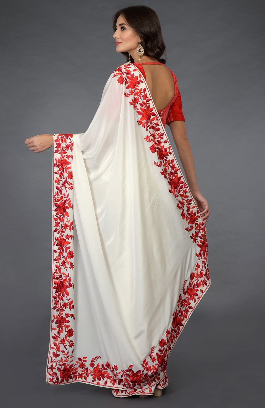 Desi Silk Saree with Red Floral Embroidery Handloom Sarees