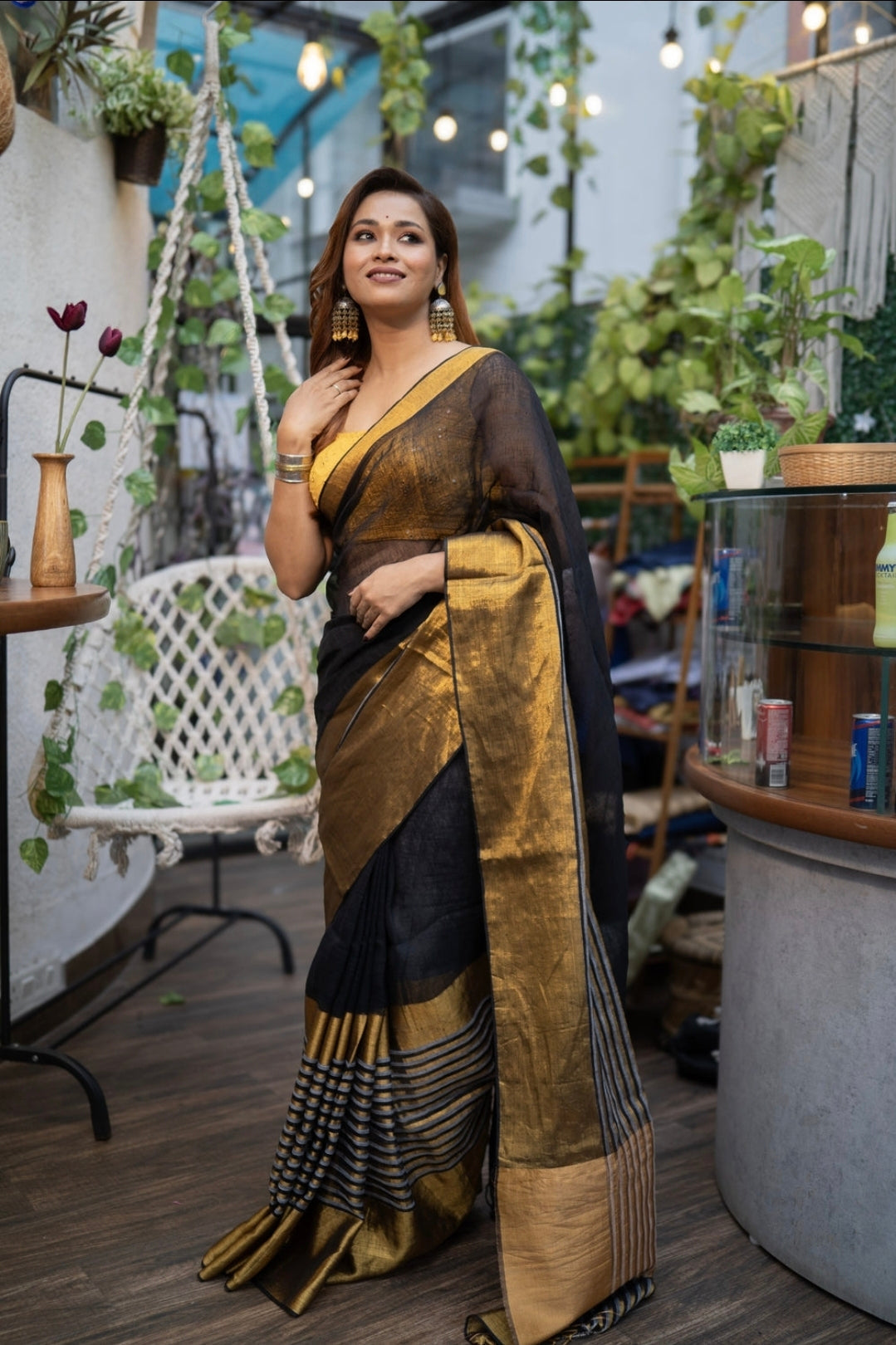 Handwoven Pure Linen Saree/Black & Gold Copper Zari Border